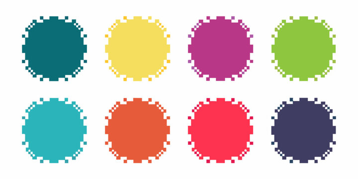 Eight pixelated colorful circular shapes arranged in two rows