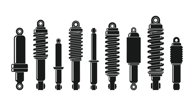 A monochrome illustration depicts various shock absorbers and struts showcasing different sizes and structural designs high quality professional