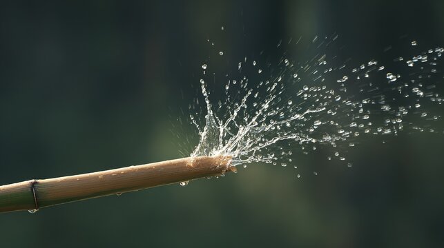 flinging. A flexible bamboo branch recoiling, flinging water droplets into the air. gardening catalogs, home-decor guides, designed for home decor and floral branding, used by procurement managers.