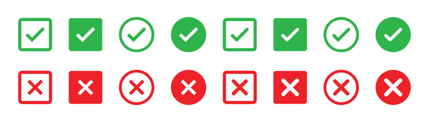 check mark icon button set. check box icon with right and wrong buttons and yes or no checkmark icons in green tick box and red cross vector © Akkach