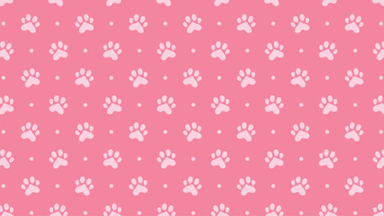 Seamless pink dog paw print pattern with polka dots. Cute animal track background for pet shop branding, wallpaper, wrapping paper, and nursery textile design vector illustration © rochmuch