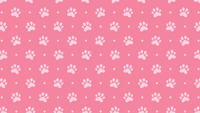 Seamless pink dog paw print pattern with polka dots. Cute animal track background for pet shop branding, wallpaper, wrapping paper, and nursery textile design vector illustration