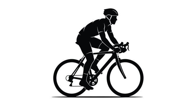 A minimalist black silhouette depicts a cyclist intensely riding a road bike showcasing athletic movement high quality professional