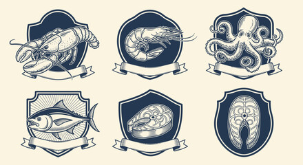 Vintage Seafood Emblems Set. Engraved Retro Collection of Lobster, Shrimp, Octopus, and Fish Steaks for Restaurant Logos, Badges, and Menu Design. © Uuls