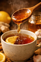 Hot tea cup honey ginger lemon remedy for long covid relief warm respiratory comfort soothing infection recovery concept