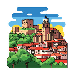 Naklejka premium Historic village landscape with castle, church, and red-tiled houses surrounded by lush green trees in a vibrant illustration.