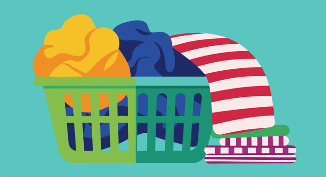 Clean laundry pile and overflowing basket vector illustration of clothes ready for washing or folding