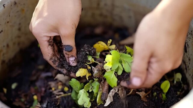 Close-up of hands working compost. Soil and plant matter visible. Hands covered with dirt