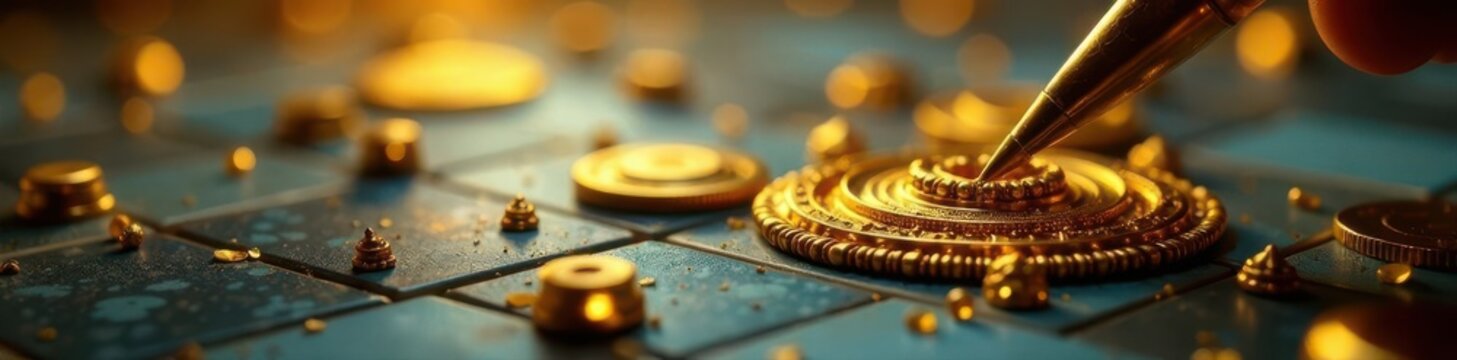 Gleaming old gold artifacts meticulously arranged with tweezers on a softly focused tiled backdrop, blur, tarnished