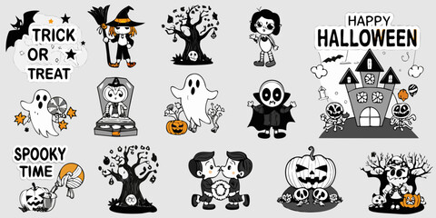 A colorful collection of halloween themed illustrations and lettering