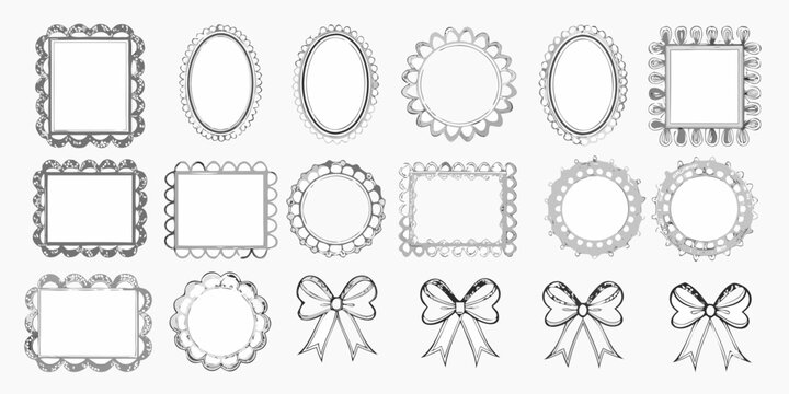 Collection of ornate decorative frames and ribbon bows in black and white