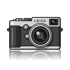 An illustrated camera viewed from the front on a reflective surface.