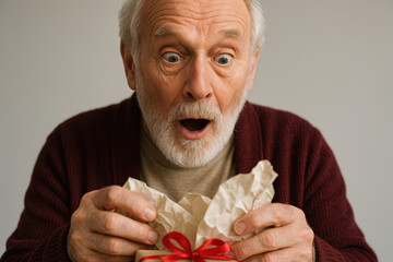 Elderly man opening gift box showing surprise emotion indoor setting
