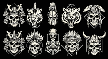 Monochrome Warrior Skulls and Tigers Vector Art Set. Tattoo Style Collection: Samurai, Spartan, Viking, Native Chief Mascot Designs.