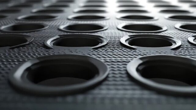 Close-up view of a dark, textured surface with many circular openings. Soft focus, industrial feel