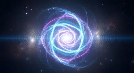 Fototapeta premium Sci-fi energy portal forming a glowing vortex in space with blue light rays. Symbolizes teleportation, dimensional travel, and advanced technology.