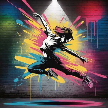 A dancer rendered in vibrant graffiti style with spray paint spl