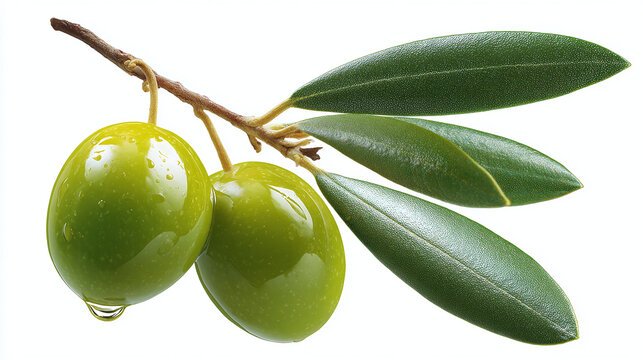 A close-up shot of two green olives on a branch, showcasing the details of the fruit and leaves. A drop of water hangs on one of the olives