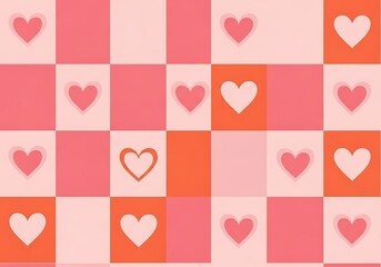 Seamless Pattern of Pink and Orange Hearts on a Checkered Background