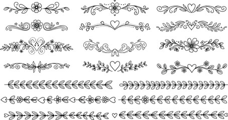 Hand Drawn Floral Dividers, Decorative Borders with Hearts and Flowers, Elegant Vine Ornaments, Wedding Invitation Design Elements, Sketchy Vector Illustrations © MostMonira