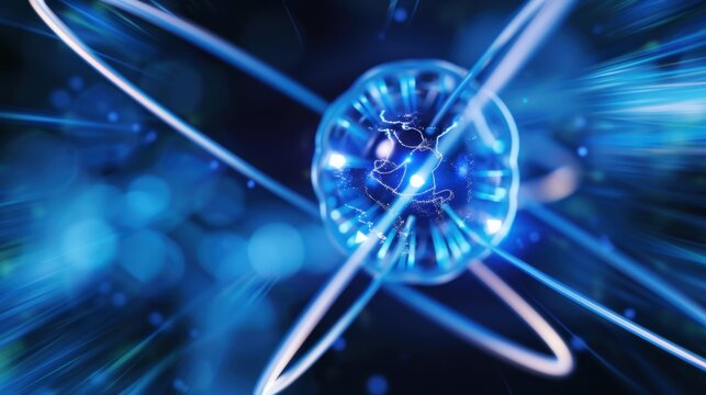 Futuristic Representation of Atom with Electric Blue Energy Glow on a Dark Background