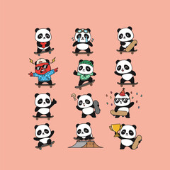 Skateboarding Panda Character Set