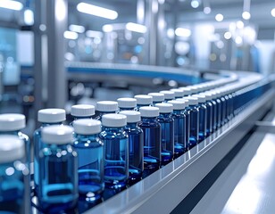 Obraz premium Automated production line moving filled bottles in a blue-toned environment