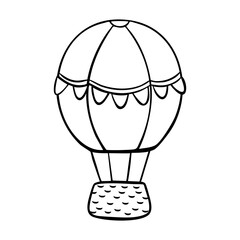 line art hot air balloon, simple black outline with scalloped canopy and woven basket