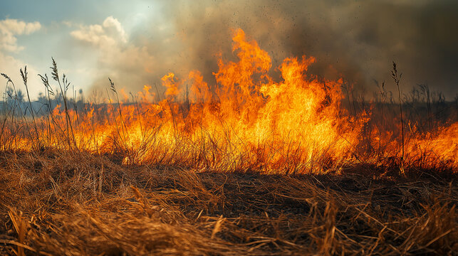 Intense fire spreading through dry grass in field