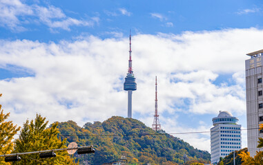 Obraz premium panoramic, tourist attractions in the city park of seoul City, Asia business concept image, panoramic modern cityscape building in korea. The most beautiful Viewpoint seoul city,south korea.