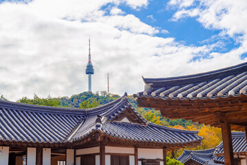 Fototapeta premium panoramic, tourist attractions in the city park of seoul City, Asia business concept image, panoramic modern cityscape building in korea. The most beautiful Viewpoint seoul city,south korea.