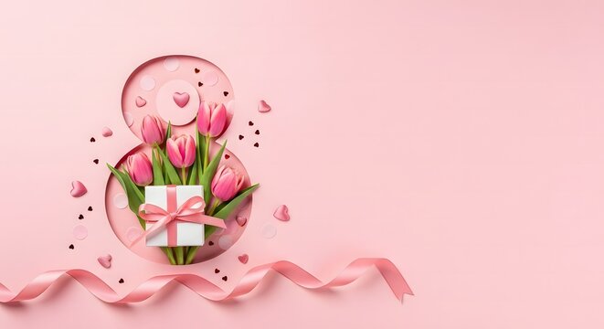 Happy womens day celebration with pink tulips and gift box