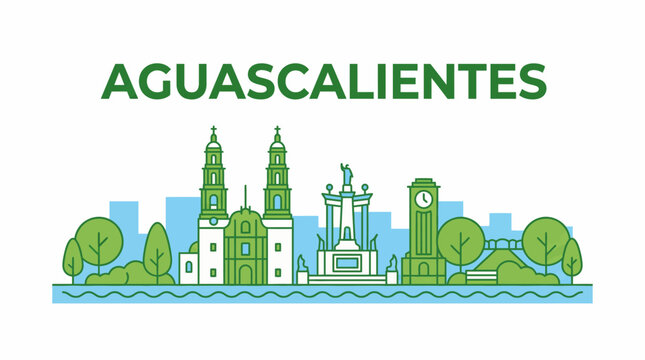 Aguascalientes city skyline with landmarks flat line vector illustration