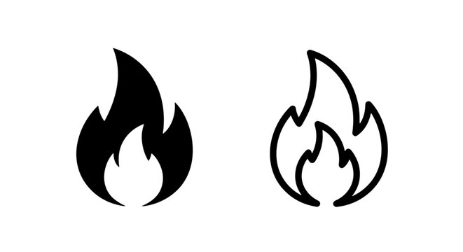 Bold and Outline Fire Flame Icons for Danger, Heat, and Energy Indications