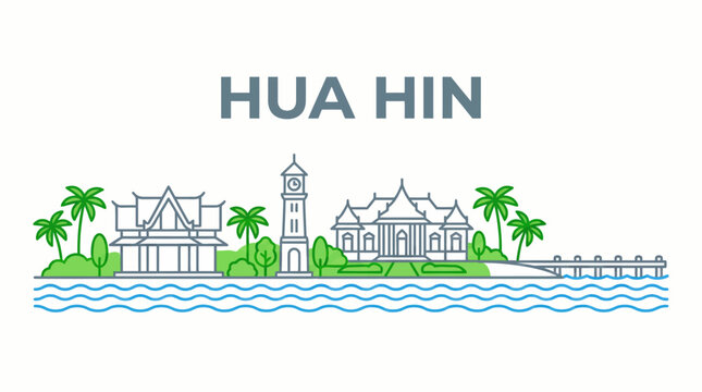 Hua Hin city skyline landmarks vector illustration