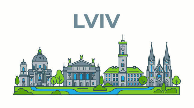 Lviv city skyline with famous landmarks vector illustration