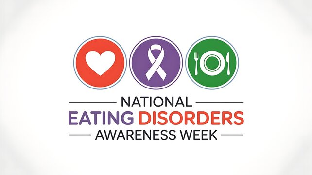National eating disorders awareness week illustration with heart purple ribbon and plate with fork and knife symbols representing health love and nutrition on white background
