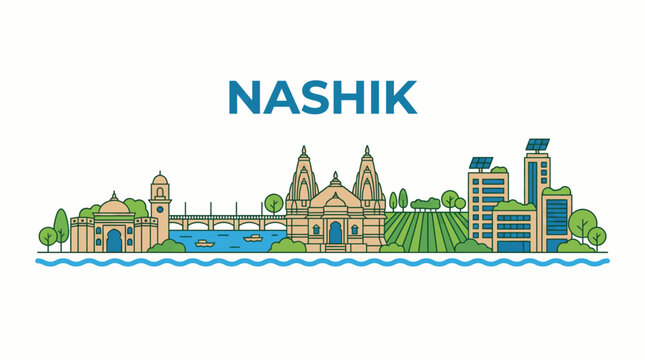 Nashik India city skyline with landmarks flat vector illustration