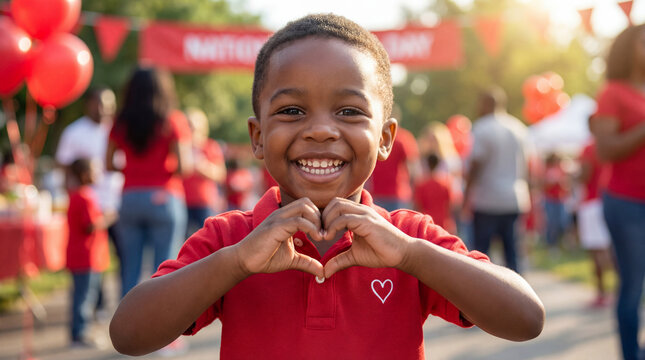National Wear Red Day African American boy making heart gesture at celebration event for heart health awareness campaign poster materials