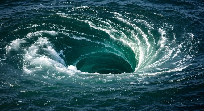 Aerial view captures a mesmerizing, swirling vortex of churning ocean water