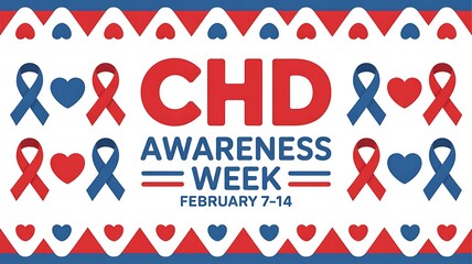 Obraz premium Congenital heart defect awareness week banner with red and blue ribbons and hearts on white background supporting medical health awareness February 7-14 event graphic