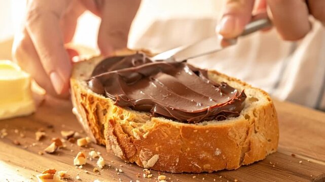 A person spreads chocolate on toast