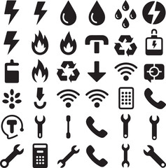 Obraz premium Utility and service icon set with electricity, water, tools and communication symbols