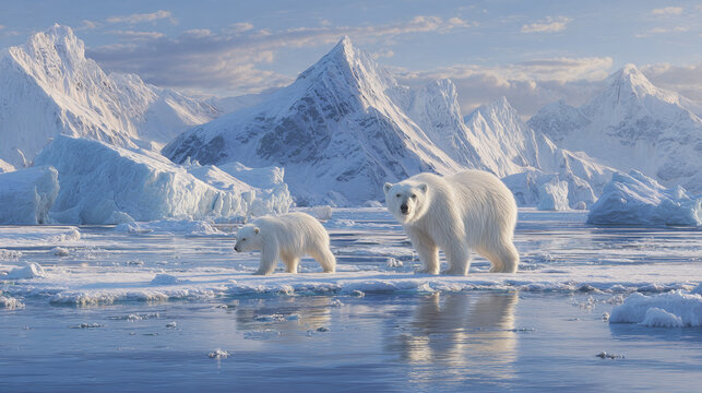 A stunning vista of polar bears traversing a frozen Arctic landscape with the mountain in background. A mother and a cub journey across the ice floe