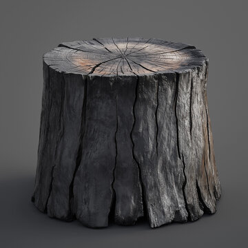 Charred tree stump with cracked burned wood texture isolated on dark gray background