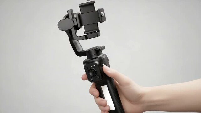 Hand holding a black smartphone gimbal stabilizer for smooth video recording.