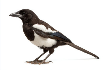 Obraz premium Magpie bird black white feather wildlife perched side view curious magpie bird on white background close up detail of plumage and beak
