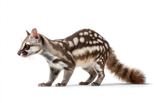 Small carnivore wild animal genetta white background side view fluffy tail spotted fur standing alert exotic pet side view of alert small
