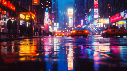 Rainy city street, neon light reflection, night urban traffic mood, wet road surface glow, colorful taxi cab scene