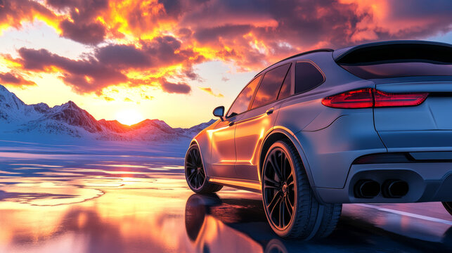 Sports car luxury car winter sunset mountain ice reflection landscape sport vehicle vivid winter sunset near mountain range icy reflective surface